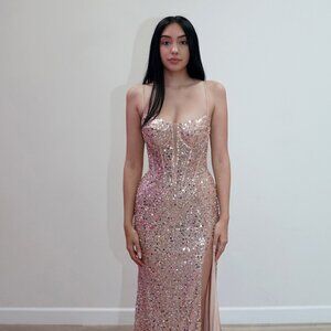 New Sheath Party Long Dress w/ Straight Across Neck & Lace Up Back JT2730H